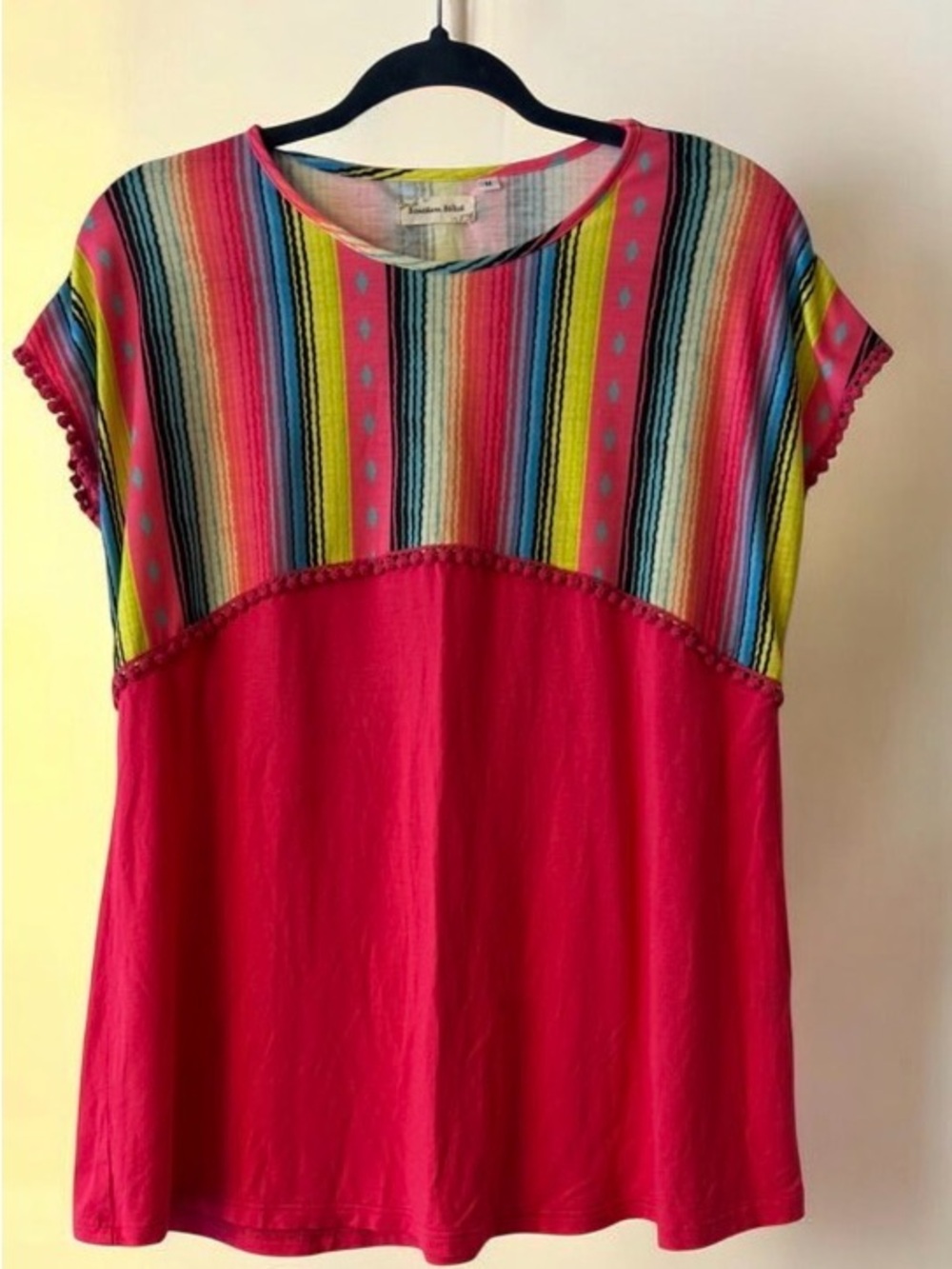 Bright Pink Striped Yoke Tunic Top - Women’s Casual Short Sleeve